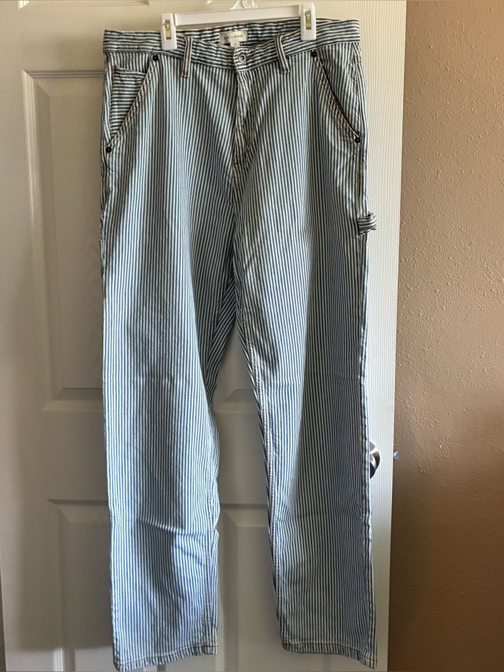 Men’s Sun + Stone Regular Fit Stagecoach Striped Painters Jeans, Size 33